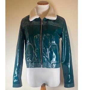 Valfre Emerald Green  Patent Faux Leather Faux Fur Collar Moto Jacket Small‎